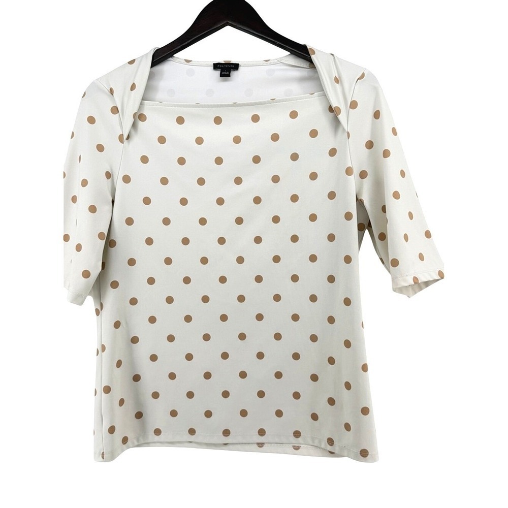 Ann Taylor Womens White Tan Polka Dot Square Neck Elbow Sleeve Knit Top Large